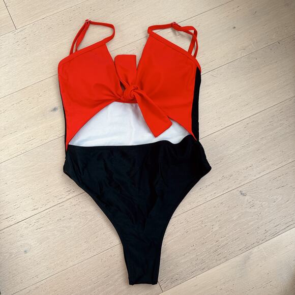 QEARAL Red Tie Front Bikini Top Black High-Waist Thong One Piece Swim | Small - Picture 2 of 7